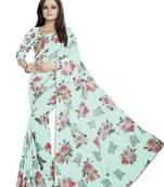 Light Grayish Cyan - Lime Green Color Digital Printed Georgette Saree With Matching Blouse