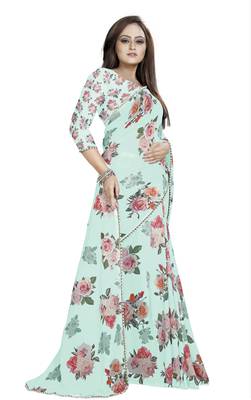 Light Grayish Cyan - Lime Green Color Digital Printed Georgette Saree With Matching Blouse 2