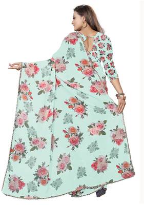Light Grayish Cyan - Lime Green Color Digital Printed Georgette Saree With Matching Blouse 3