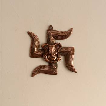 Lord Ganesha on Swastik Metal Wall Hanging 1