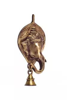 brass lord ganesh face wall hanging with bell