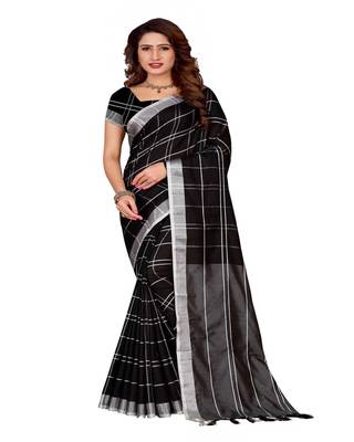 Black Plain Faux Linen Saree With Blouse 1