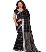 Black Plain Faux Linen Saree With Blouse
