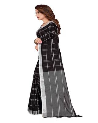 Black Plain Faux Linen Saree With Blouse 2