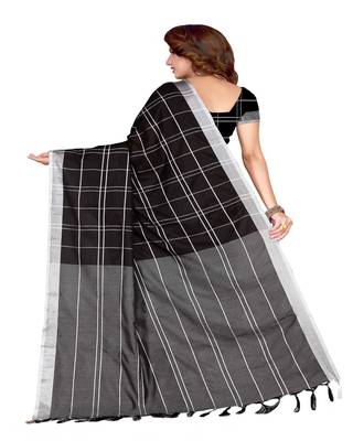 Black Plain Faux Linen Saree With Blouse 3