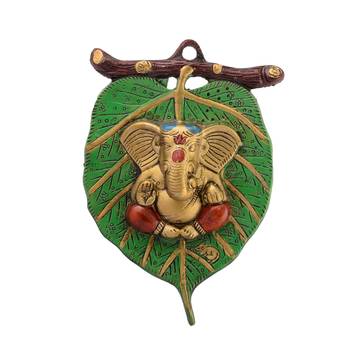 Lord Ganesha in Red Dhoti on Green Leaf Wall Hanging 1
