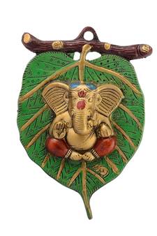 Lord Ganesha in Red Dhoti on Green Leaf Wall Hanging