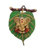 Lord Ganesha in Red Dhoti on Green Leaf Wall Hanging