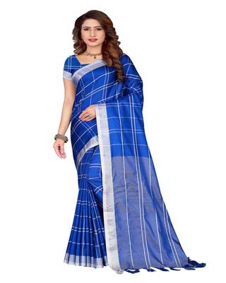 Blue Plain Faux Linen Saree With Blouse 1