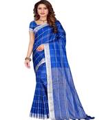 Blue Plain Faux Linen Saree With Blouse