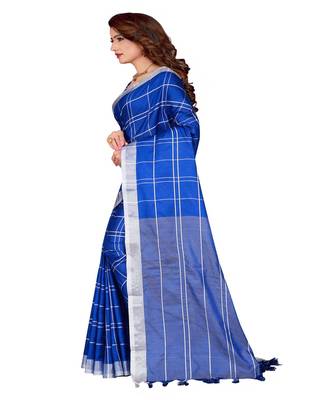 Blue Plain Faux Linen Saree With Blouse 2