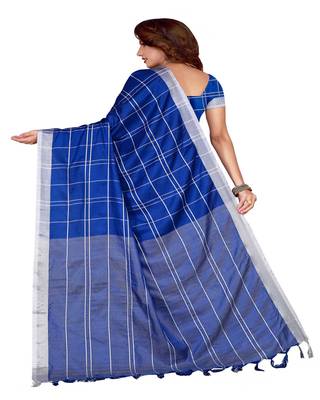 Blue Plain Faux Linen Saree With Blouse 3