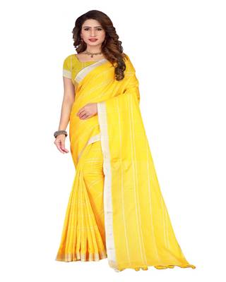 Yellow plain faux linen saree with blouse 1