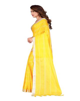 Yellow plain faux linen saree with blouse 2