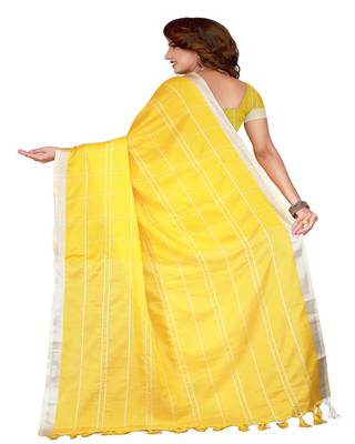 Yellow plain faux linen saree with blouse 3
