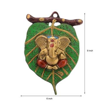 Lord Ganesha in Red Dhoti on Green Leaf Wall Hanging 2
