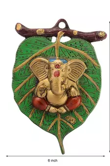 Lord Ganesha in Red Dhoti on Green Leaf Wall Hanging