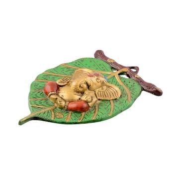 Lord Ganesha in Red Dhoti on Green Leaf Wall Hanging 3