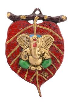 Lord Ganesha in Green Dhoti on Red Leaf Wall Hanging