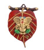 Lord Ganesha in Green Dhoti on Red Leaf Wall Hanging