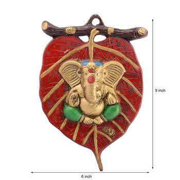 Lord Ganesha in Green Dhoti on Red Leaf Wall Hanging 3
