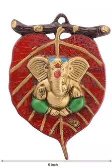 Lord Ganesha in Green Dhoti on Red Leaf Wall Hanging