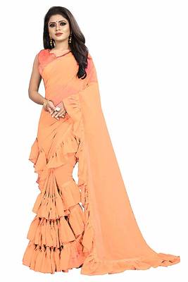 Orange plain georgette saree with blouse 2