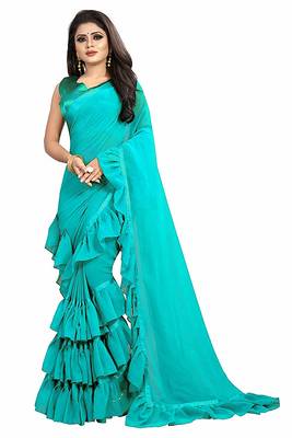 Sky blue plain georgette saree with blouse 1