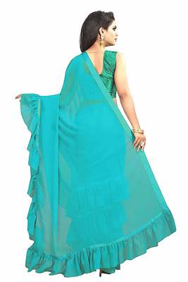 Sky blue plain georgette saree with blouse 3