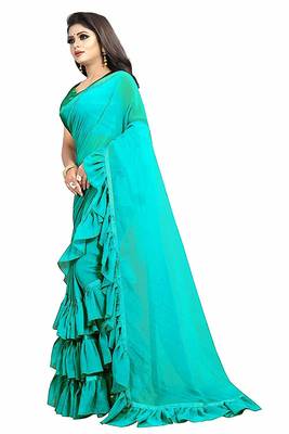 Sky blue plain georgette saree with blouse 4