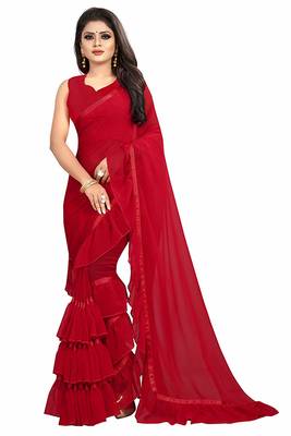 Red plain georgette saree with blouse 2