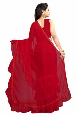 Red plain georgette saree with blouse 3