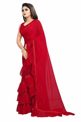 Red plain georgette saree with blouse 4