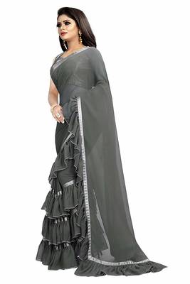 Grey plain georgette saree with blouse 4