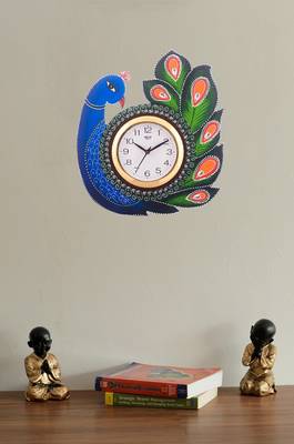 Exotic and Stylish Colorful Peocock Wooden Handcrafted Wooden Wall Clock (H - 15 Inch) 2
