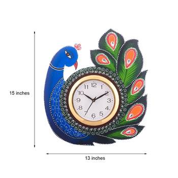 Exotic and Stylish Colorful Peocock Wooden Handcrafted Wooden Wall Clock (H - 15 Inch) 3