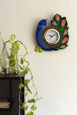 Exotic and Stylish Colorful Peocock Wooden Handcrafted Wooden Wall Clock (H - 15 Inch) 4