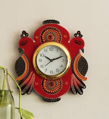 Handcrafted Papier-Mache 2 Peococks Decorative Wall Clock 2