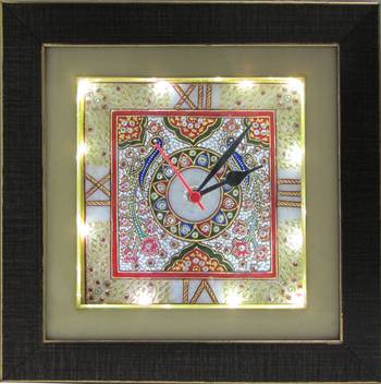 Embossed Peacock Marble Handcrafted Wall Clock with LED and Wooden Frame 1