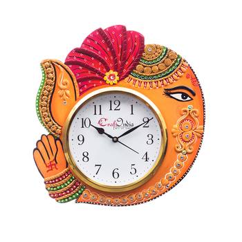 Handicraft Lord Ganesha Analog Wall Clock        (Orange & Red, With Glass) 1