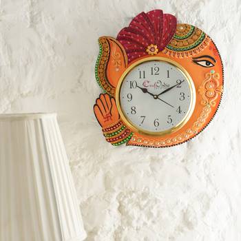Handicraft Lord Ganesha Analog Wall Clock        (Orange & Red, With Glass) 2
