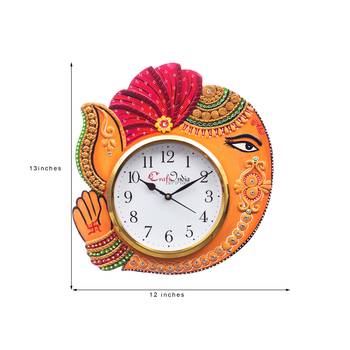Handicraft Lord Ganesha Analog Wall Clock        (Orange & Red, With Glass) 3
