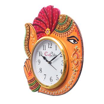 Handicraft Lord Ganesha Analog Wall Clock        (Orange & Red, With Glass) 4