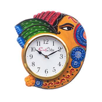 Handicraft Lord Ganesha Analog Wall Clock        (Orange & Blue, With Glass) 1
