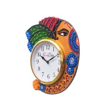 Handicraft Lord Ganesha Analog Wall Clock        (Orange & Blue, With Glass) 4