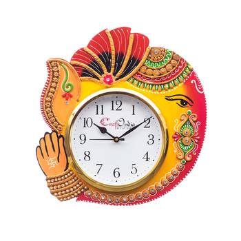 Handicraft Lord Ganesha Analog Wall Clock        (Orange , Red & Black, With Glass) 1