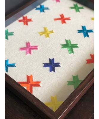 Large geometric flower Tray with Brown Frame 3