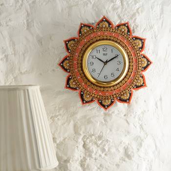 Analog Wall Clock        (Orange & Gold, With Glass) 2
