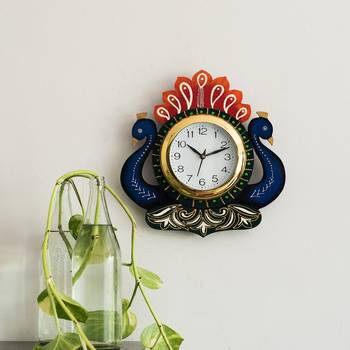 Handcrafted Papier-Mache 2 Peococks Decorative Wall Clock 3