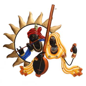 Radha Krishna Playing Flute/Bansuri And Veena Wall Hanging 2